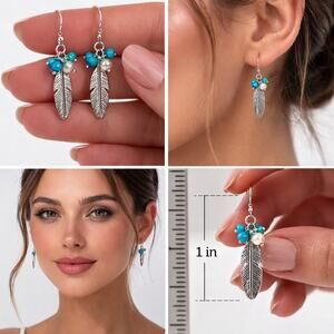 Boho Feather Drop Earrings Silver Turquoise Pearl Coastal Cowgirl Western New